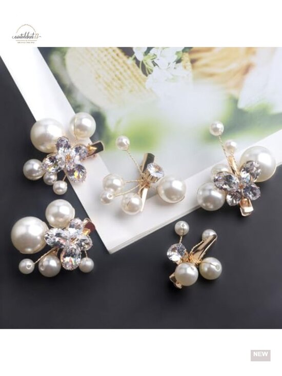 Set of 5 Small Pearl Rhinestone Alligator Hair Clips, Bridal Wedding Prom